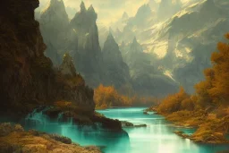 mountain river flows through a fantasy landscape gorge. a big blue lake in the middle of the mountains. fabulous nature, amazing seascape, highly detailed, digital painting, artstation, concept art, smooth, sharp focus, illustration, art by greg rutkowski and alphonse mucha