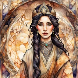 create an ethereal, darkly magical watercolor illustration of an epic female Andalusian sorceress with highly detailed and deeply cut facial features, in the style of CHARLES RENNIE MACKINTOSH