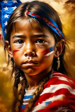 an expressive painting of a Native American boy painting, with American flag in the background, we might see a companion with features of absolute strength and determination, blended with warmth and deep faith. Perhaps his face expresses wisdom and courage, with eyes radiating confidence and faith.