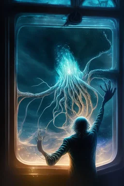 cthulu cutting window off patient , with background burning jellyfish angel star field seen in the window of a boat, 4 k, trending art, depth of field