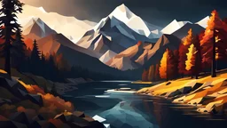 A picture of a fall landscape with trees, mountains, and a river,dramatic scene,dark light,low poly