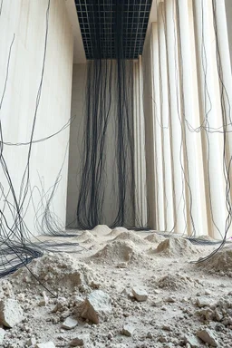 Photograph, a mass of wires, giant museum space, building, pillars, high walls, schermi di computer, high towers in a room, sediments, deflagration of the background, light, architecture, minimalist, details of the terrain very accentuated, 8k, deep 3d field, sharp, brutalist, hasselblad h6d400c --ar 85:128 --v 6.0