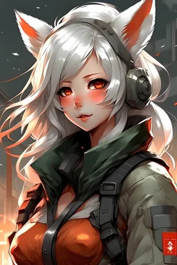 kitsune, girl, white hair and ears,high quality,full face,fluffy ears,combat fatigues,black ground,hight details, high quality