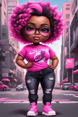 create an airbrush illustration of a chibi cartoon voluptuous black female. Wearing a hot pink t-shirt and tight black jeans with hot pink Nike sneakers. Prominent make up with hazel eyes and she is wearing pink glasses. Extremely Highly detail of a very low platinum shiny pixie haircut. Background of a busy city street.