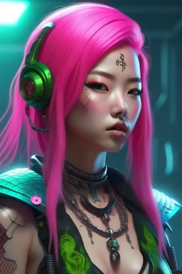 asian mermaid cyberpunk some scales on face pink hair