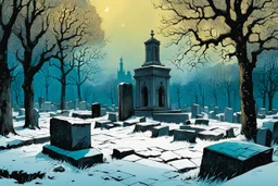 create a fine art print illustration of an old Jewish cemetery with numerous leaning and broken headstones ,highly detailed rough stonework, surrounded by ancient oak trees, in the old city of Krakow, under a bleak winter sky at midnight , in the comic book art style of Bill Sienkiewicz, and Jean Giraud Moebius, finely textured, drawn, colored, and inked