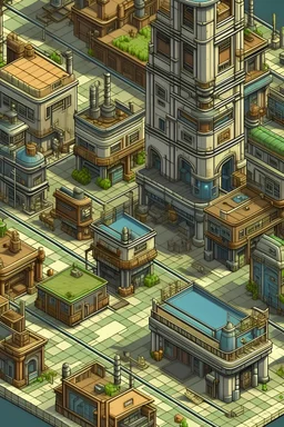 Pixel art computer game, defined pixels, 128 pixel high, steam punk town, birds eye view, detailed, lots of metal pipes, multiple buildings