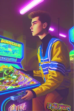 a millineal teenage boy is playing video arcade games, bright colored clothes from the 90s, hairstyles of that time, comic style