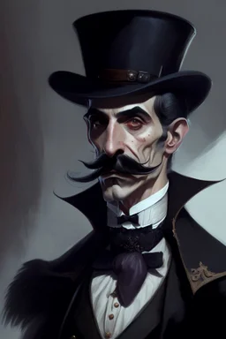 Strahd von Zarovich with a handlebar mustache wearing a top hat and asking a question