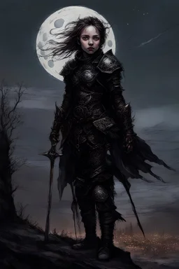 A formidable warrior girl in black armor, against the background of an amazing gloomy landscape, flooded with the light of two moons, mountains, trees, a fabulous scary landscape, juicy emotions, painting, dark fantasy, gloomy day, dark world, portrait, Gothic Town At Night, Fantasy, Intricate Details, Castle Courtyard Gardens, Hyper Detailed, Jean Baptiste Monge, Carne Griffiths, Michael Garmash, Seb Mckinnon, Alex Maleev, Masterpiece