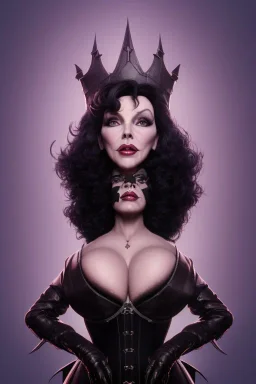 Joan Collins as evil queen in black leather, leather, busty, cleavage, angry, stern look. character design by cory loftis, fenghua zhong, ryohei hase, ismail inceoglu and ruan jia. unreal engine 5, artistic lighting, highly detailed, photorealistic, fantasy