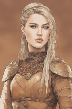 A drawing of beautiful woman with blond hair, viking braids, undercut. Brown leather armor.