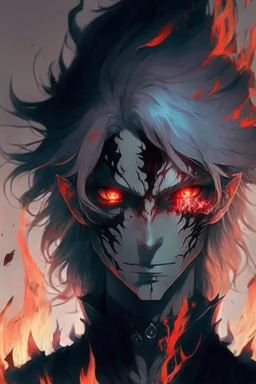 Anime with wight hair and black clothes and power fire and eyes of sharengan and good face and blood in face