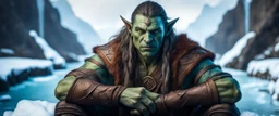 close up portrait of psionic ancient half elf half orc shaman thief in inviting pose on ice stone bridge, book cover