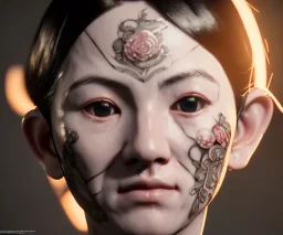 Simetric Realistic image portrait. Sweet face traditional japanese porcelain mask. 4k resolution, intricate details, ornate details, soft lighting, unreal engine 5.