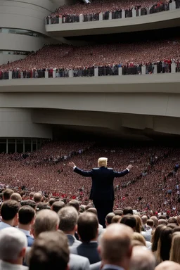 donald trump standing on a balcony with hundreds of people below kneeling