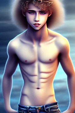 beautiful 12 year old arabic boy with long, blonde curly hair and light blue eyes, smiling, shirtless, bitten by a vampire, photorealistic