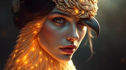 layering, fantasy, mysticism, portrait of a woman-bird, glare, gold, glow, 8K, 3D, fine rendering, high detail, hyperrealism, high resolution, layering, hyperdetail, hyperfocus, vignette