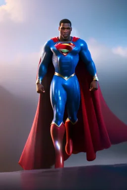 Cinematic view, hyper realist, hyper detailed, intricated, heroic, awesome, incredibly handsome black man as superman, floating red cape, movie costume, by greg rutkowski, artgerm, wlop, vallejo