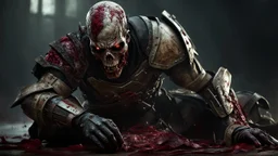 a serene rotting zombie. carnage. black mist in the eyes. armor melted into the skin. blood. broken bones. bleeding eyes. broken fangs. broken jaws. broken armor. gloves.intense horror. blind terror. scared to death. no weapons. no helmet. a masterpiece, fantasy concept art, dynamic lighting, hyperdetailed, intricately detailed, deep color, Unreal Engine, volumetric lighting, Epic cinematic brilliant stunning intricate meticulously detailed dramatic atmospheric maximalist digital matte painti