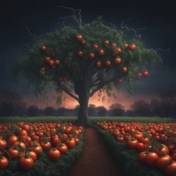 Hyper Realistic Tomato Field & tree without leaves at night with scarecrow