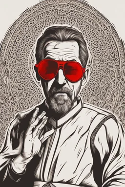 judgmental priest wearing red sunglasses who looks like Hans Gruber