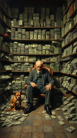 Bosch painting style nightmare, a rich man surrounded by a walls of money on the shelfs , sitting alone with his old dog