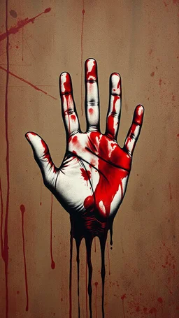 Bosch style painting , inside a bloody hand print on a bloody wall