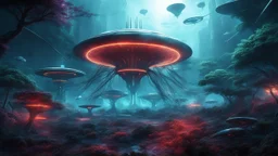 hyper realistic, tron legacy movie, aliens creatures, space ships of the future, city of the future, green nad dark red trees , forest, yellow, blue, purple, orange, space, planets, god creations