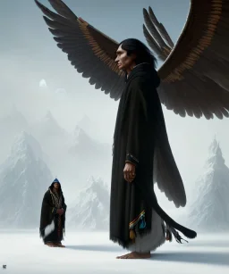 native american shaman, wise man, long black hair, black hooded coat like wings, 8k resolution concept art portrait by Greg Rutkowski