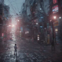 ciberpunk, big street empty tokyo, children lost, rain, intricate, xtreme detailed, 4k, unreal engine 4