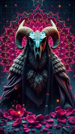 ground level view, gambar kompleks yang berantakan, kacau, lusuh, glossy psychedelic distorsi glitch neon, seorang pria perkasa yang memakai aksesoris penutup tengkorak kepala naga, jubahnya berbulu domba yang lebat, memakai aksesoris seperti kepala suku pedalaman,latar belakang fraktal mandala kelopak mawar dan dikelilingi berbagai macam elemen horor, berbagai macam grid dan garis, menyala, berdebu, percikan api. Uhd, 18k