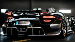 Rear View A stunningly realistic (((porsche veyron 918 x mansory))), intricate detail and perfection in every surface, glimmering metal and luxurious contours, a (perfect model) for a desktop wallpaper fit for high resolution screens, evoking a sense of futuristic elegance in a (4K cinematic atmosphere).