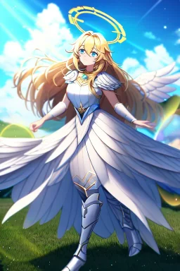 girl, masterpiece, best quality, cinematic lighting, detailed outfit, vibrant colors, perfect eyes, blue eyes, long hair, golden hair, messy hair, hair between eyes, depth of field, ray tracing, halo, outdoors, clouds, sun, light rays, god rays, lens flare, white wings, armored dress, full body,