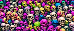 a field of 1000s of cartoonish, anatomically correct, skulls, vivid RANDOM BRIGHT neon colors, dark comedy, well lit, high detail, photorealistic, horrorcore, fun, scary, dead, 100% detail on all drawn, nothing partial or filler, by fictional tattoo artist