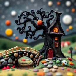 Photography of a fairy old bridge, tree, old bewitched house, made of felt art, tiltshift, 3d deep field, Joan Miró, wide angle landscape scene of an odd village, stars and planets, creepy, needlepoint, abstract silhoutte, expressionist style, colorful holiday