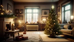 old danish living room with a beautiful scandinavian christmastree right beside a cozy big fireplace. snow outisde the windows. realistic, 8k. rendered 8k. old, vintage, 1900, poor, snow outside, no snow inside, colors on christmas tree, warm and heartly atmosphere, cozy,