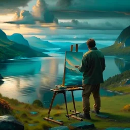 Long shot of an 18th century painter painting on an easel in nature taken from behind, in the background of a fjord in Norway with turquoise water, forested mountains reflected in the fjord, cloudy sky, sunset time, hyperrealistic shot, wide lens, 24K