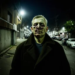 very grainy discolored photo, portrait, dark night street, grunge, 2000s Russia, punk, outcast, rough, confident, older male wearing a coat, extremely pale skin, flesh bulbs grow out of his face, face is disproportionally deformed, hunchback, sewer dweller
