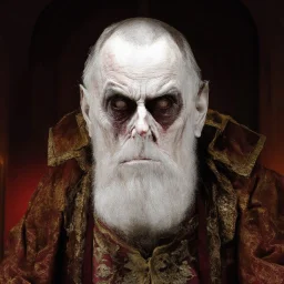 very grainy discolored modern photo, closeup portrait, dark ancient hall with no lights, grunge, extremely old male with chalk-white skin wearing old dashing and opulent gilded clothes, threatening, imposing, nosferatu