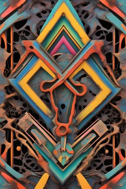 Ornate art deco 'X' splattered with psychedelic paint and graffiti