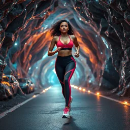 a under ground modern city in a crystal cave covered with jewells and CIFI jewell lights , a beautiful fashion model lady with cute,curvy hair,makeup, in pretty sports suit is running in street ,dynamic camera fallow her inside cave capturing full body, dynamic lights.