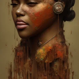 human native portrait, rust, scaffolding, iron cladding, decay, mixed media, textured, anatomically correct, beautiful perfect face, sharp focus, highly detailed