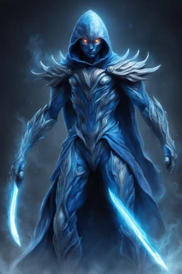 Ultra detailed, ultra realistic. Guyver rogue. Hooded cloak. Blades on his forearms. Glowing eyes. (((Swirling blue ethereal energy aura)))