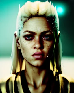 portrait, Shakira, blonde artist, angry, Realistic image, MMA robe, hoodie, mouthguard, nose, band aid, loose long hair, eyes make up, line gold make up, glow, circle iris. Rain, fog, Neon colors, leds. Dark background, photo studio, concept art, smooth, unreal engine 5, god lights, ray tracing, RTX, lumen lighting, ultra detail, volumetric lighting, 3d, finely drawn, high definition, 4k.