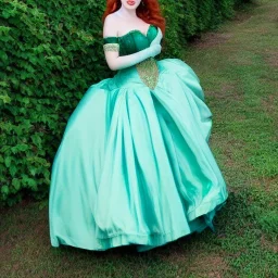 Art of a princess with long auburn hair in a big teal green and gold satin ballgown corset off shoulder top and long white gloves dancing