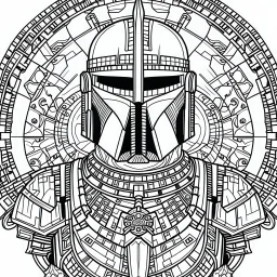 line work, coloring book, boba fett, mandala, black and white, thick lines, vector file