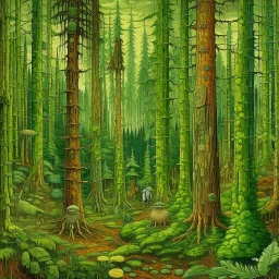 A green forest with insects designed in pacific Northwest totem poles painted by Vincent van Gogh