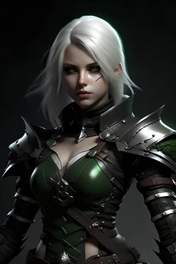Female rogue assassin white hair black flower green eyes sexy leather armor