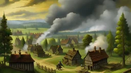 A medieval European Hamlet being raided, smoke, wooded countryside, farmland ,realistic, medieval, painterly, Bob Ross painting